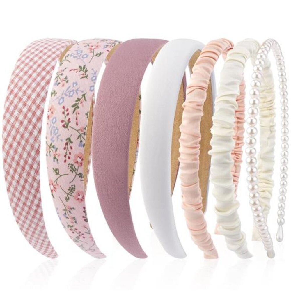Pink Pearl Headbands Set Women Non Slip Hair Bands Thin Thick Face Wash Elastic